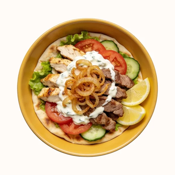 Chicken Gyros, plated, photographed from above.