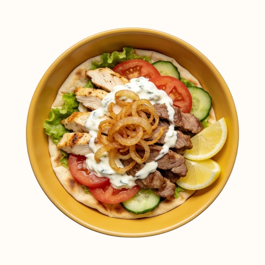 Chicken Gyros, plated, photographed from above.