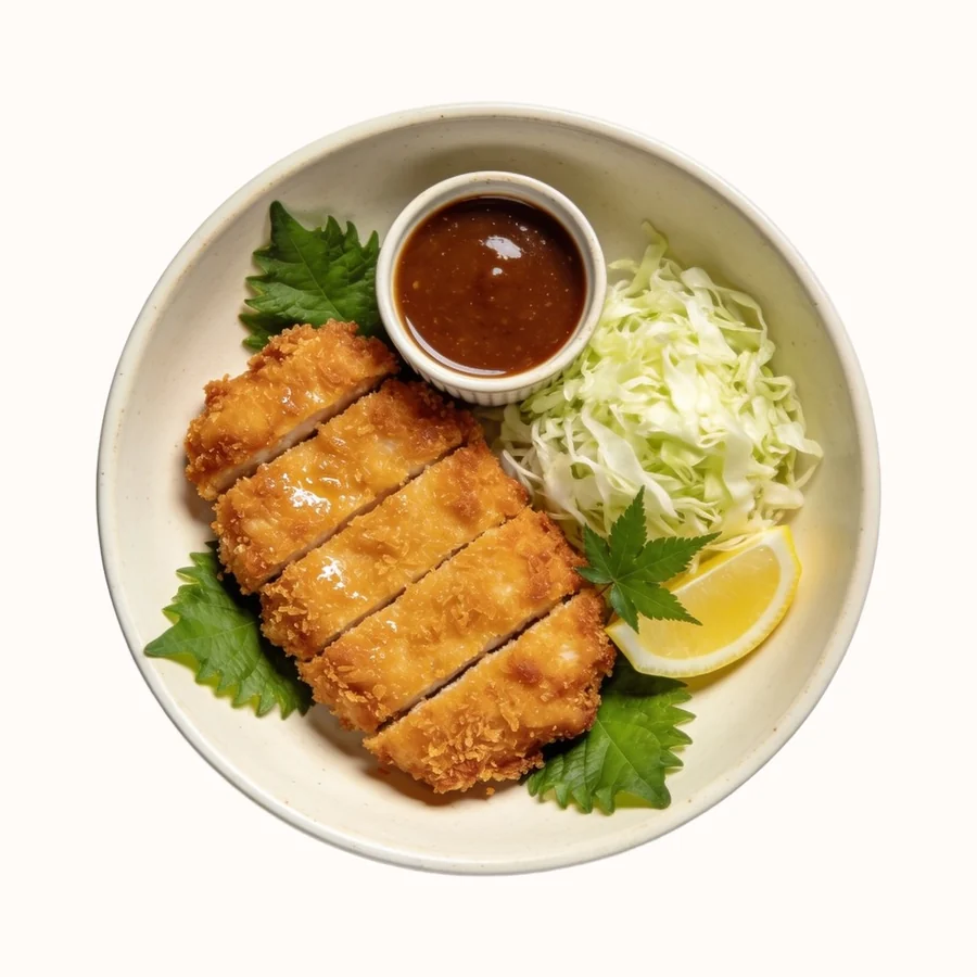Chicken Katsu, plated, photographed from above.