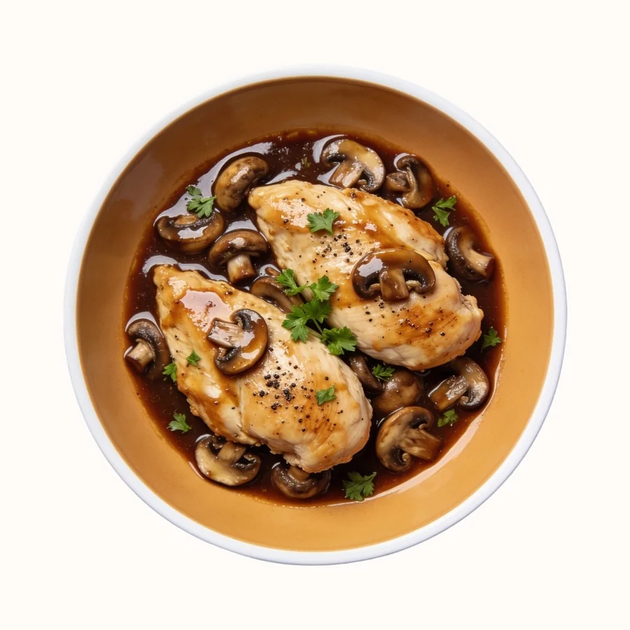 Chicken Marsala, plated, photographed from above.