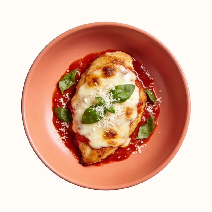 Chicken Parmesan, plated, photographed from above.