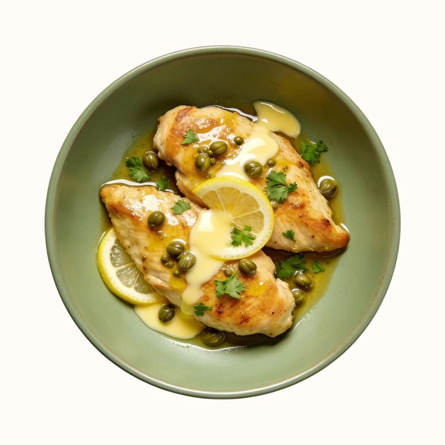 Chicken Piccata, plated, photographed from above.