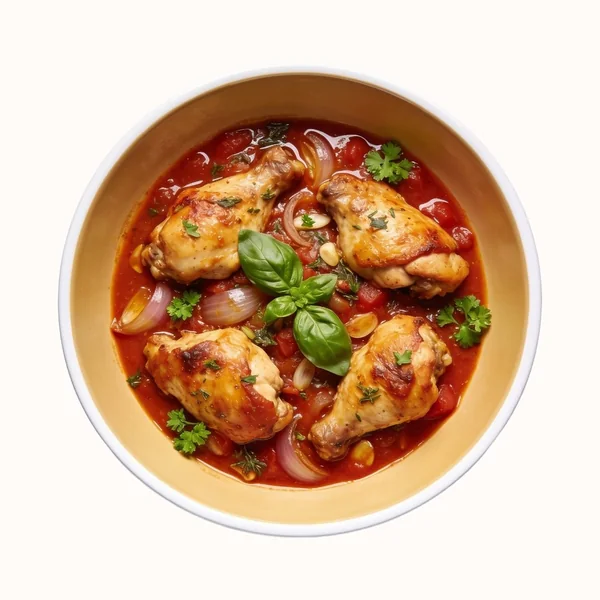 Chicken Provençal, plated, photographed from above.
