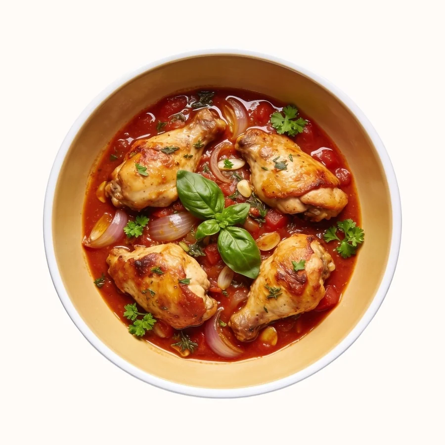 Chicken Provençal, plated, photographed from above.