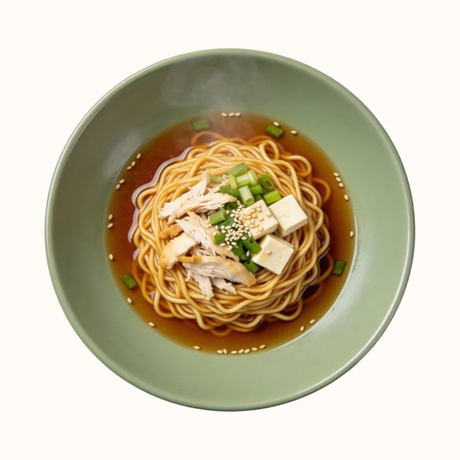 Chicken Shoyu Ramen, plated, photographed from above.