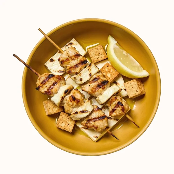 Chicken Souvlaki Plate, plated, photographed from above.