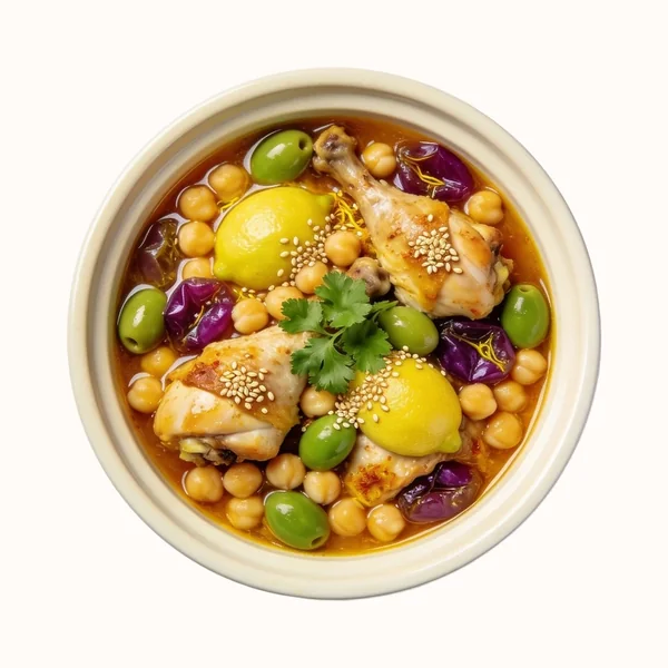 Chicken Tagine with Preserved Lemon + Olive, plated, photographed from above.