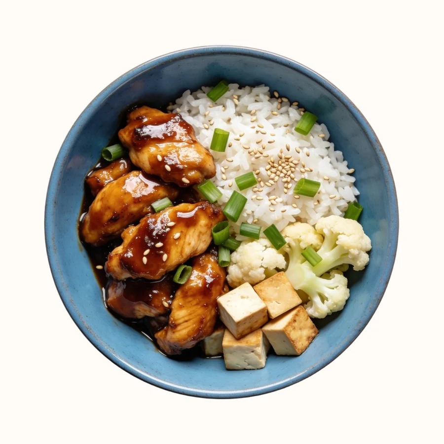 Chicken Teriyaki Bowl, plated, photographed from above.