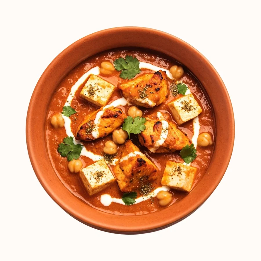 Chicken Tikka Masala, plated, photographed from above.