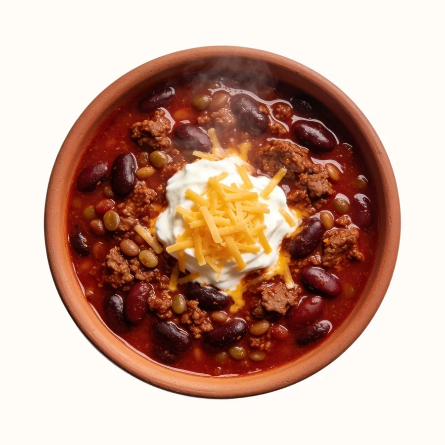 Chili, plated, photographed from above.