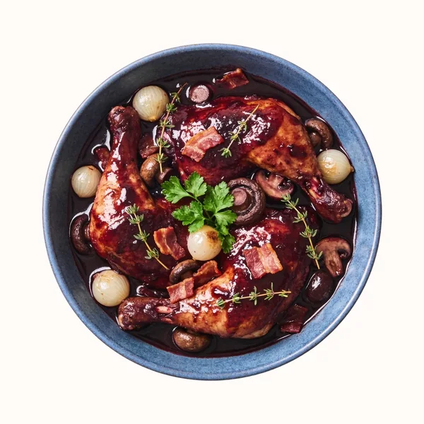 Coq au Vin, plated, photographed from above.
