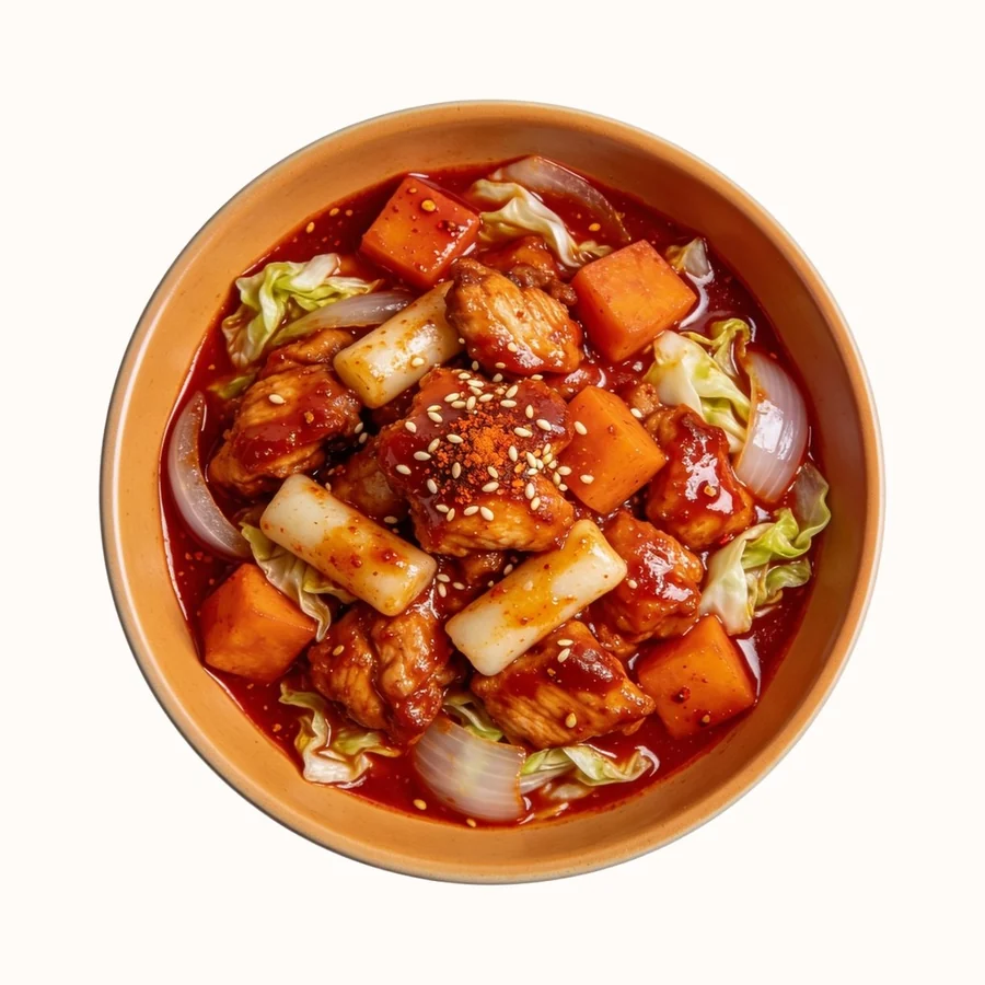 Dakgalbi, plated, photographed from above.