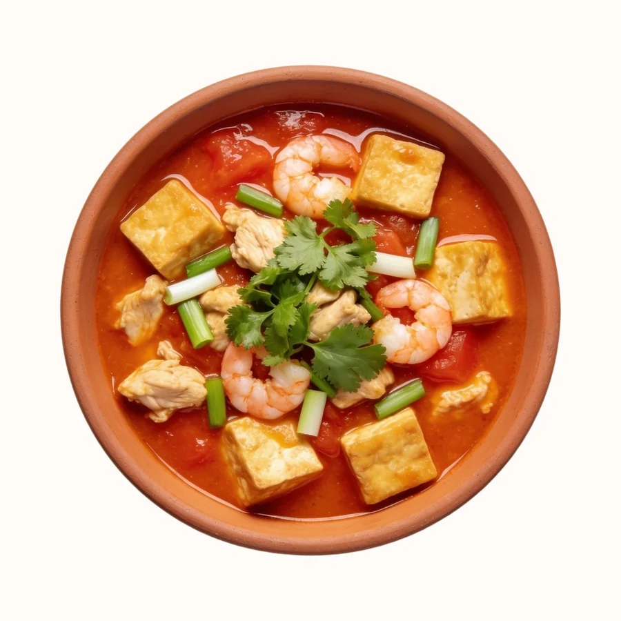 Tofu in Tomato Sauce (Dau Hu Sot Ca), plated, photographed from above.