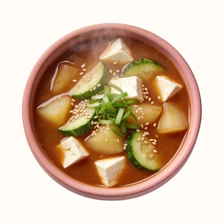 Doenjang Jjigae, plated, photographed from above.