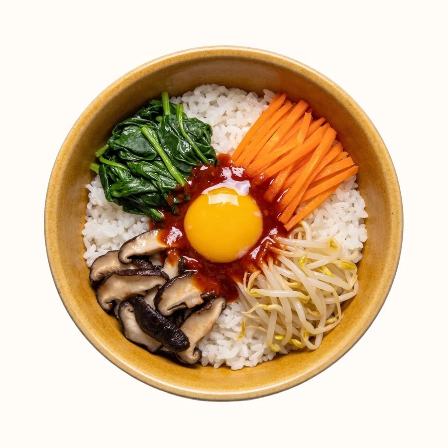 Dolsot Bibimbap, plated, photographed from above.