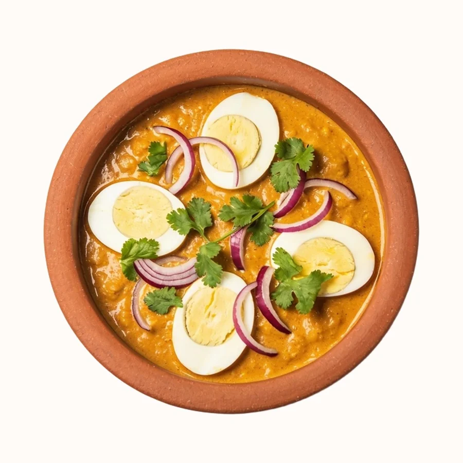 Egg Curry, plated, photographed from above.