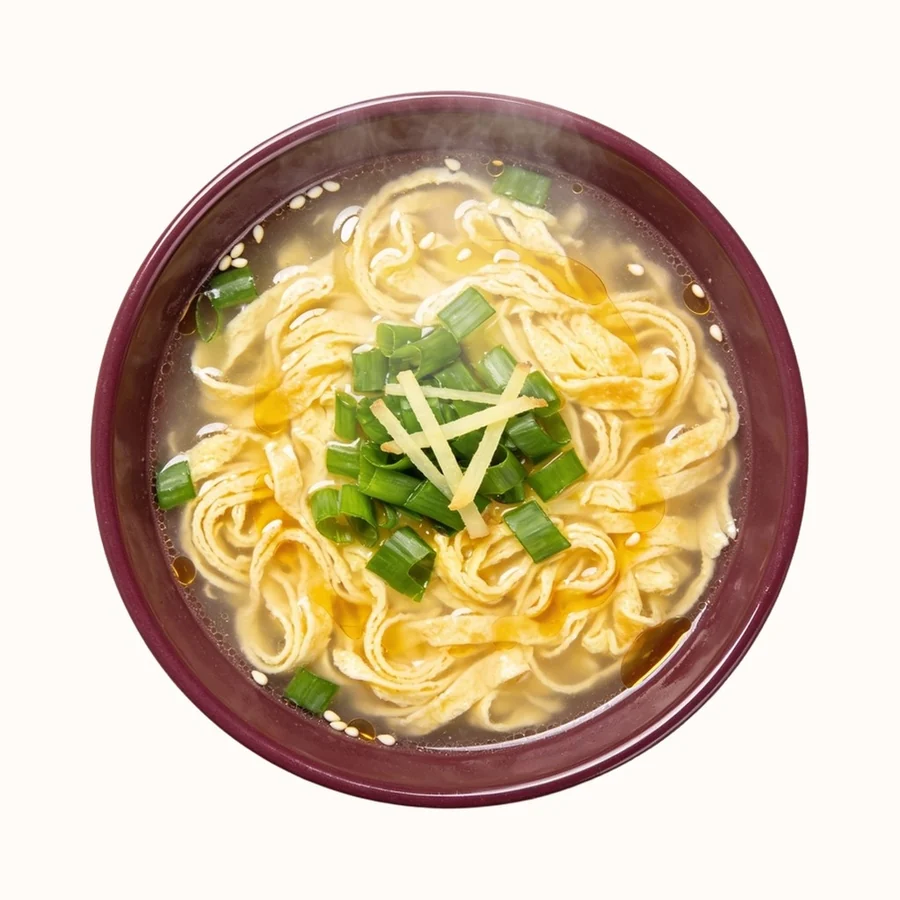 Egg Drop Soup, plated, photographed from above.