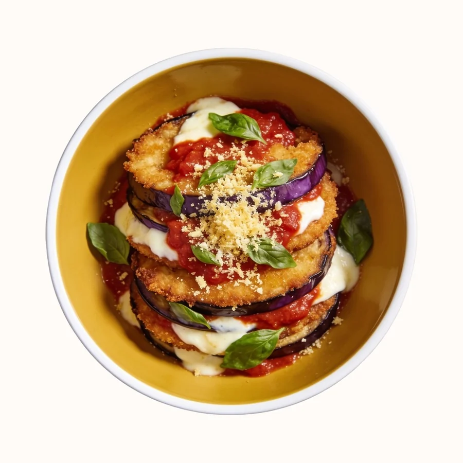 Eggplant Parmesan, plated, photographed from above.