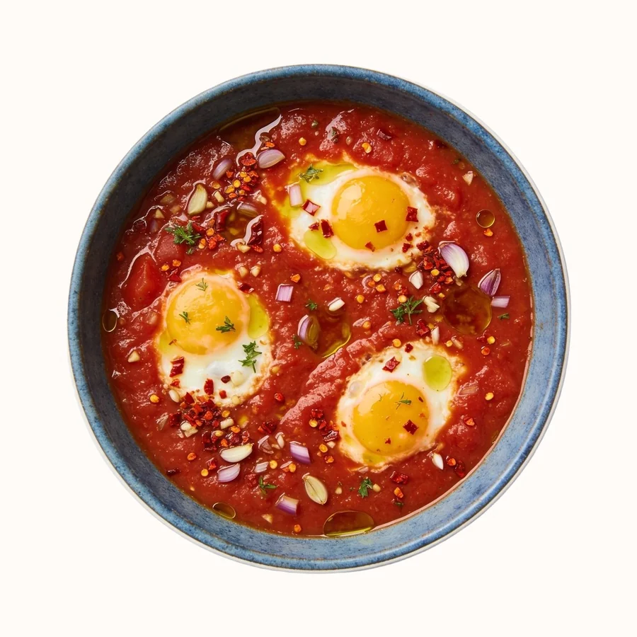 Eggs in Purgatory, plated, photographed from above.