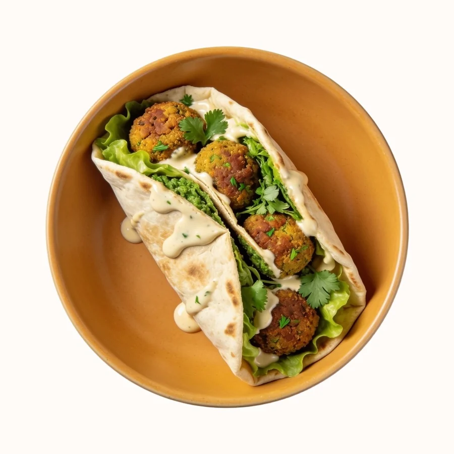 Falafel Wrap, plated, photographed from above.