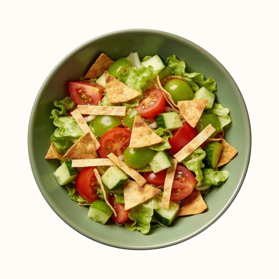Fattoush Salad, plated, photographed from above.