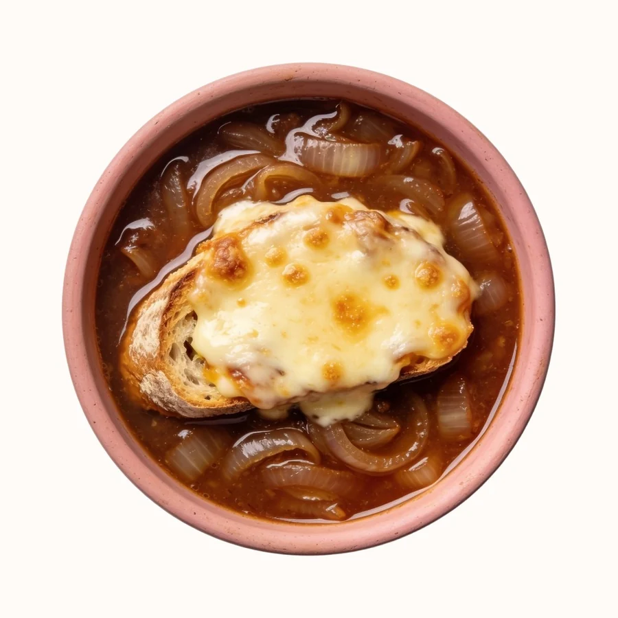 French Onion Soup, plated, photographed from above.