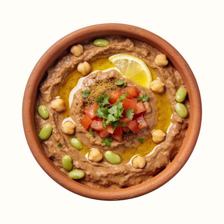 Ful Medames, plated, photographed from above.