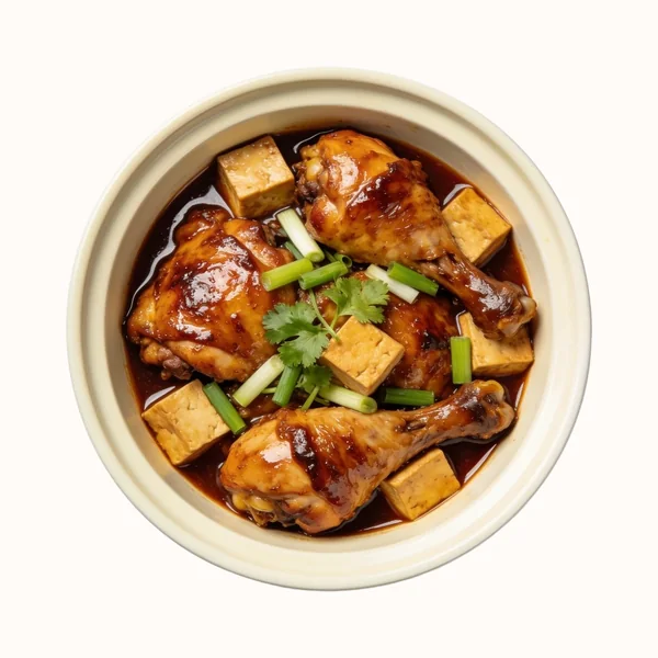Vietnamese Caramel Chicken (Ga Kho), plated, photographed from above.