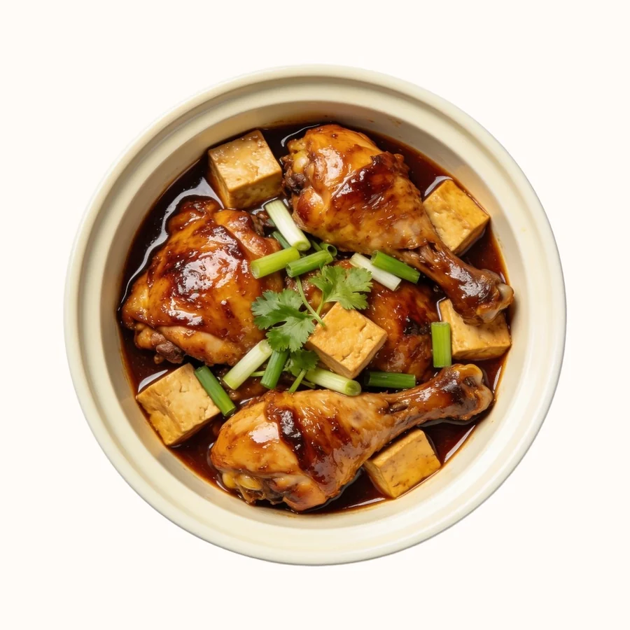 Vietnamese Caramel Chicken (Ga Kho), plated, photographed from above.