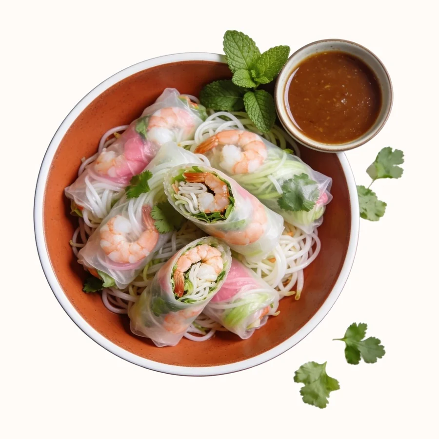 Goi Cuon (Fresh Spring Rolls), plated, photographed from above.