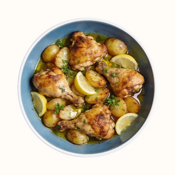 Greek Lemon Chicken with Potatoes, plated, photographed from above.