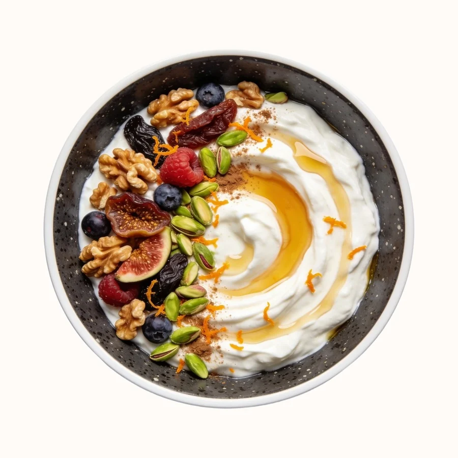 Greek Yogurt with Honey & Walnuts, plated, photographed from above.