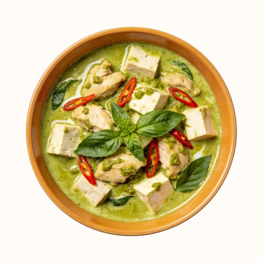 Green Curry (Gaeng Keow Wan), plated, photographed from above.