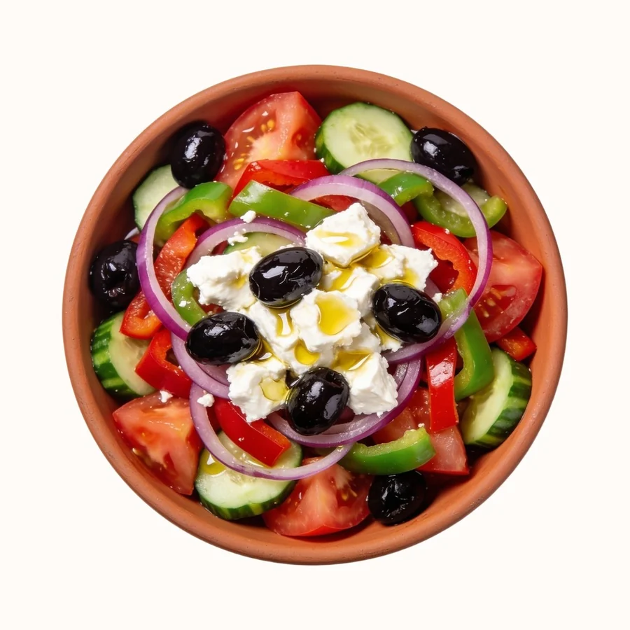 Horiatiki (Authentic Greek Salad), plated, photographed from above.