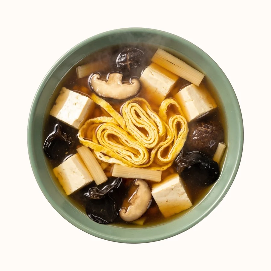 Hot and Sour Soup, plated, photographed from above.