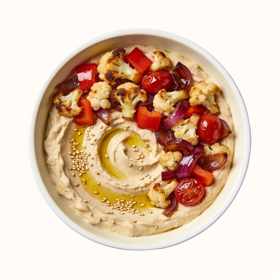 Hummus Bowl with Roasted Veg, plated, photographed from above.
