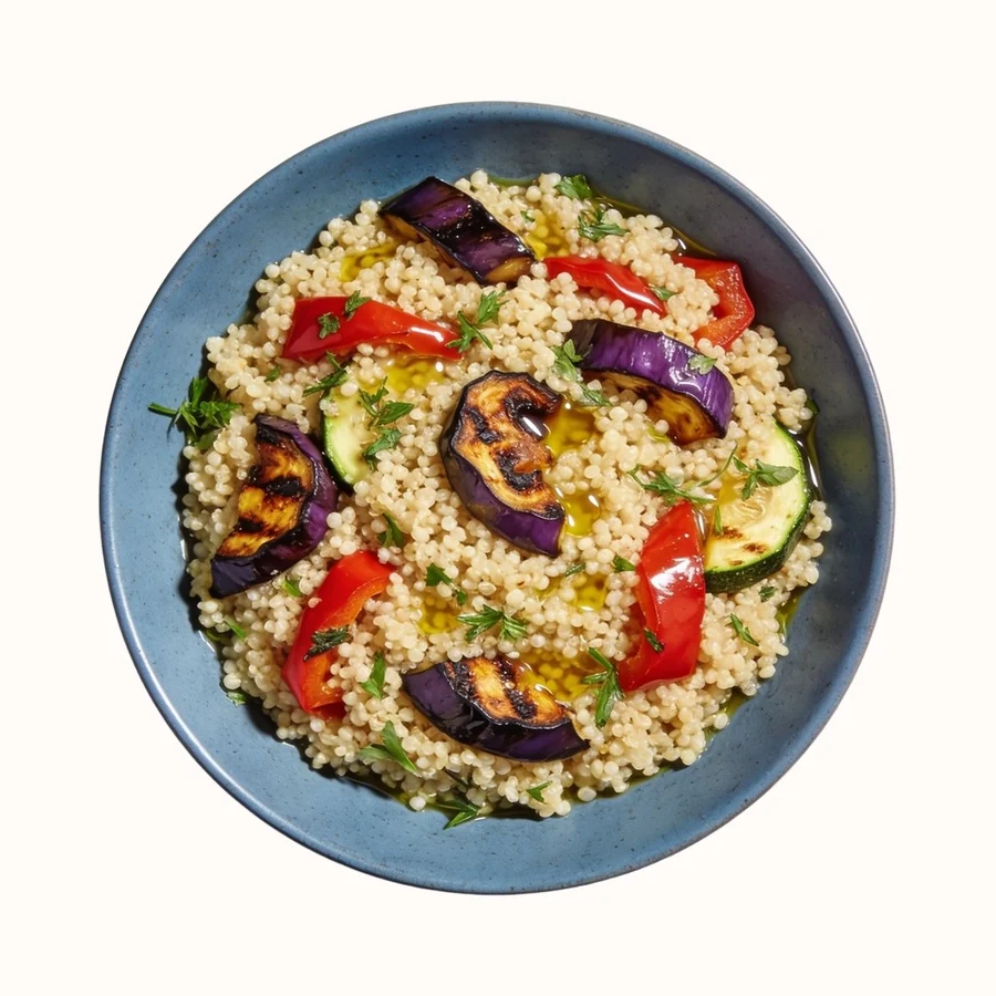 Israeli Couscous with Roasted Veg, plated, photographed from above.