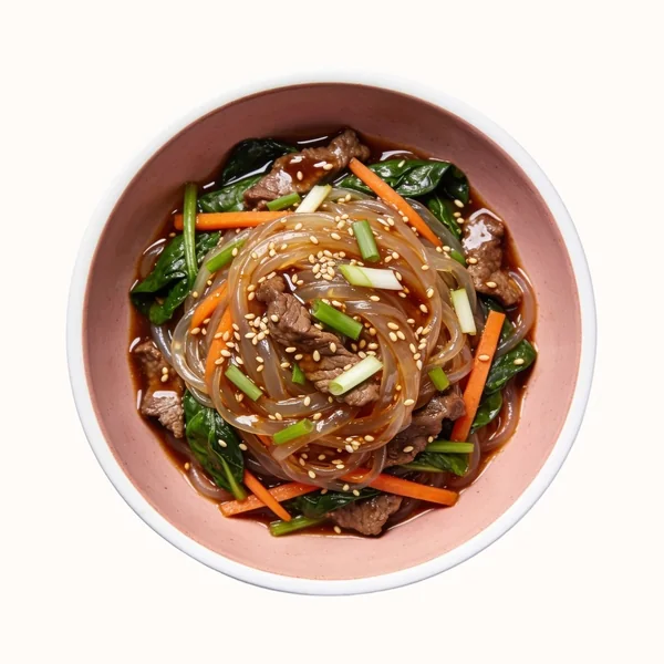 Japchae, plated, photographed from above.
