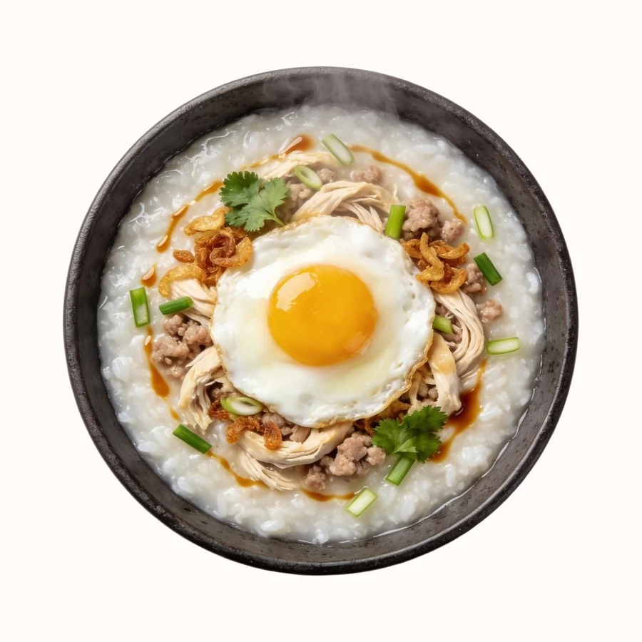 Jok (Thai Rice Porridge), plated, photographed from above.