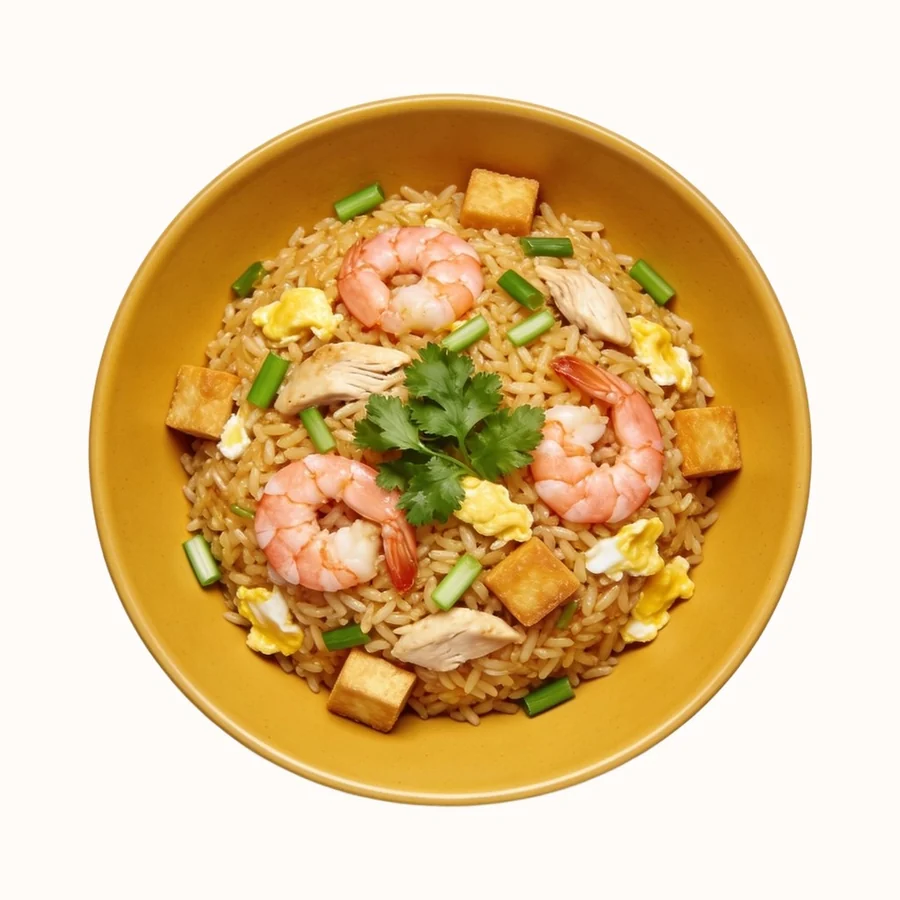 Khao Pad (Thai Fried Rice), plated, photographed from above.