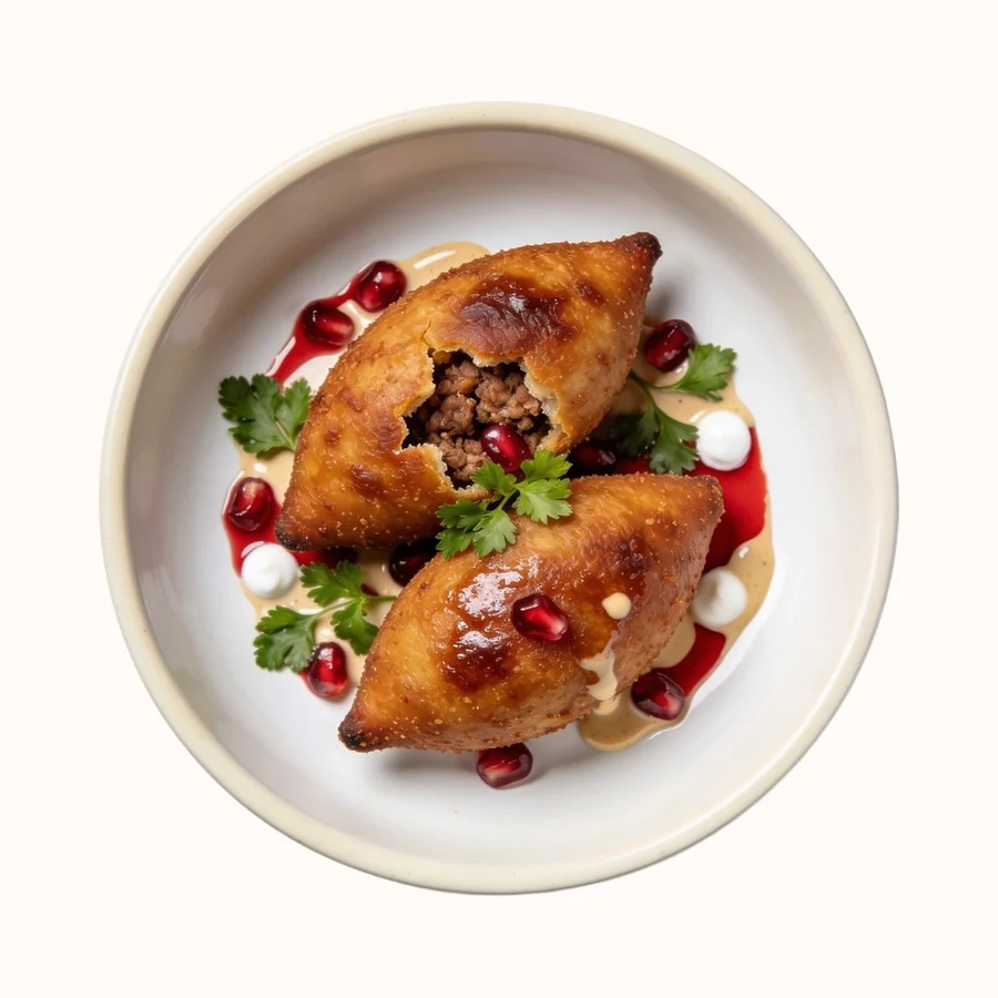 Kibbeh, plated, photographed from above.