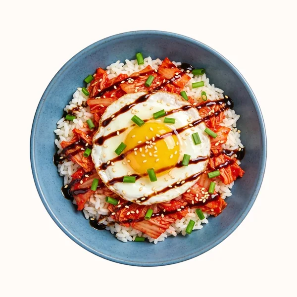 Kimchi Fried Rice, plated, photographed from above.