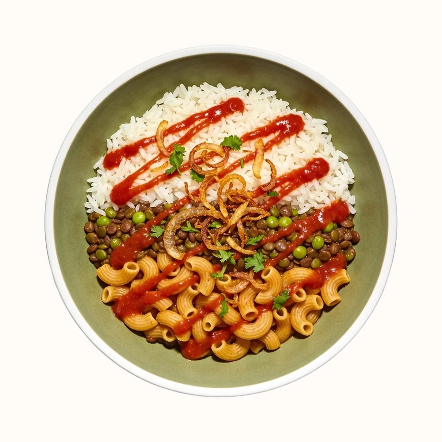 Koshari, plated, photographed from above.