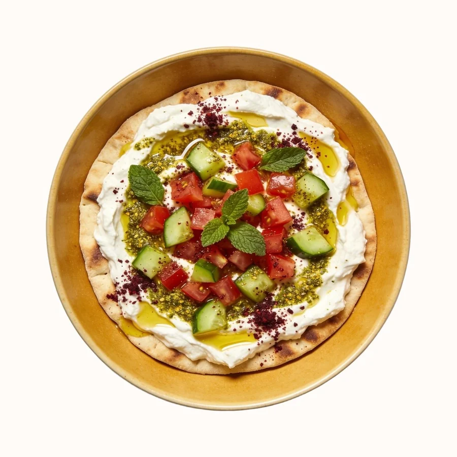 Labneh Toast with Za'atar, plated, photographed from above.