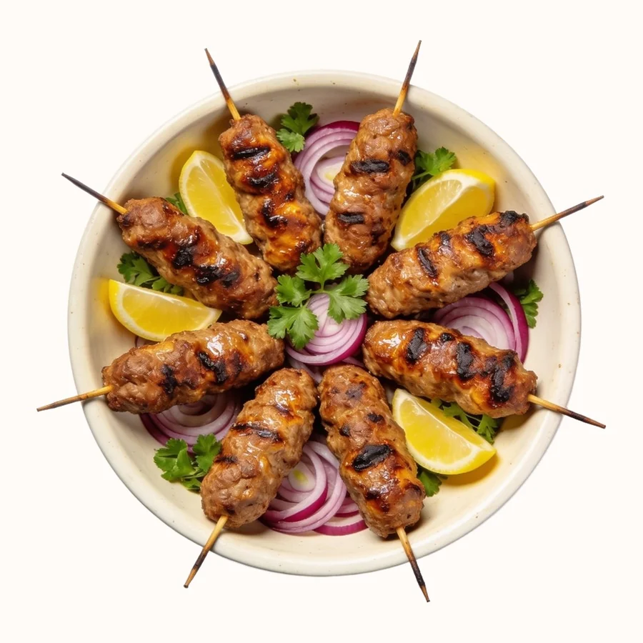 Turkish Lamb Koftas, plated, photographed from above.