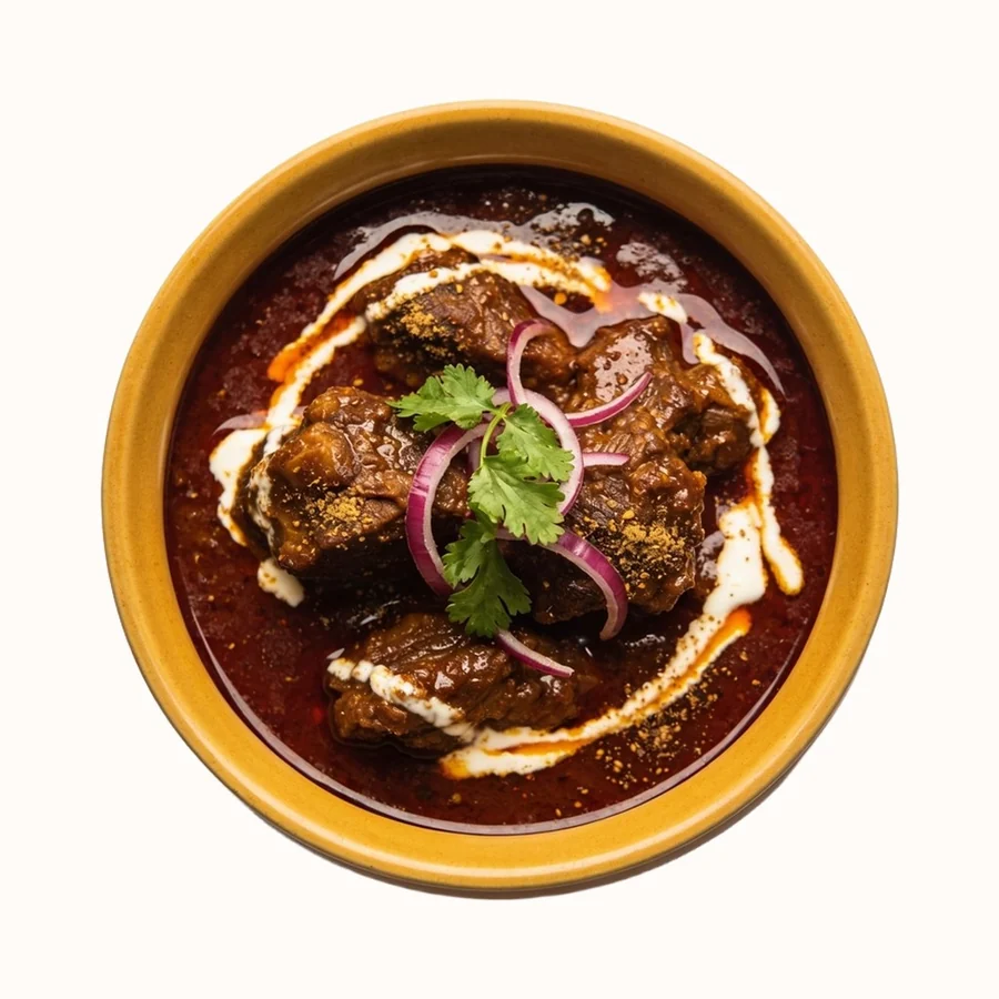 Lamb Rogan Josh, plated, photographed from above.