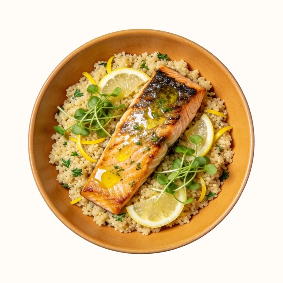 Lemon Herb Salmon with Couscous, plated, photographed from above.