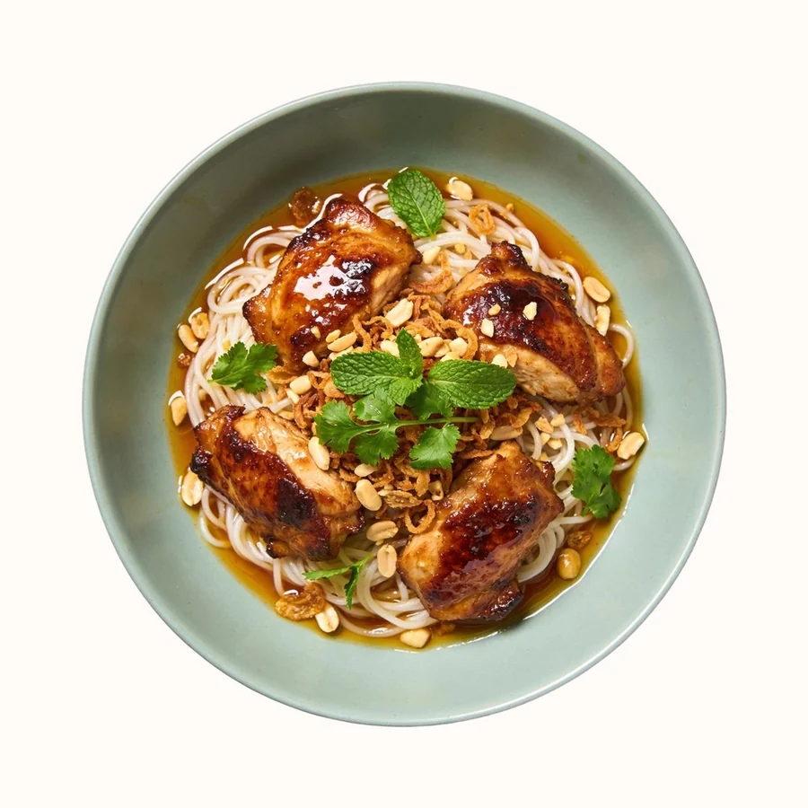 Lemongrass Chicken Bowl, plated, photographed from above.