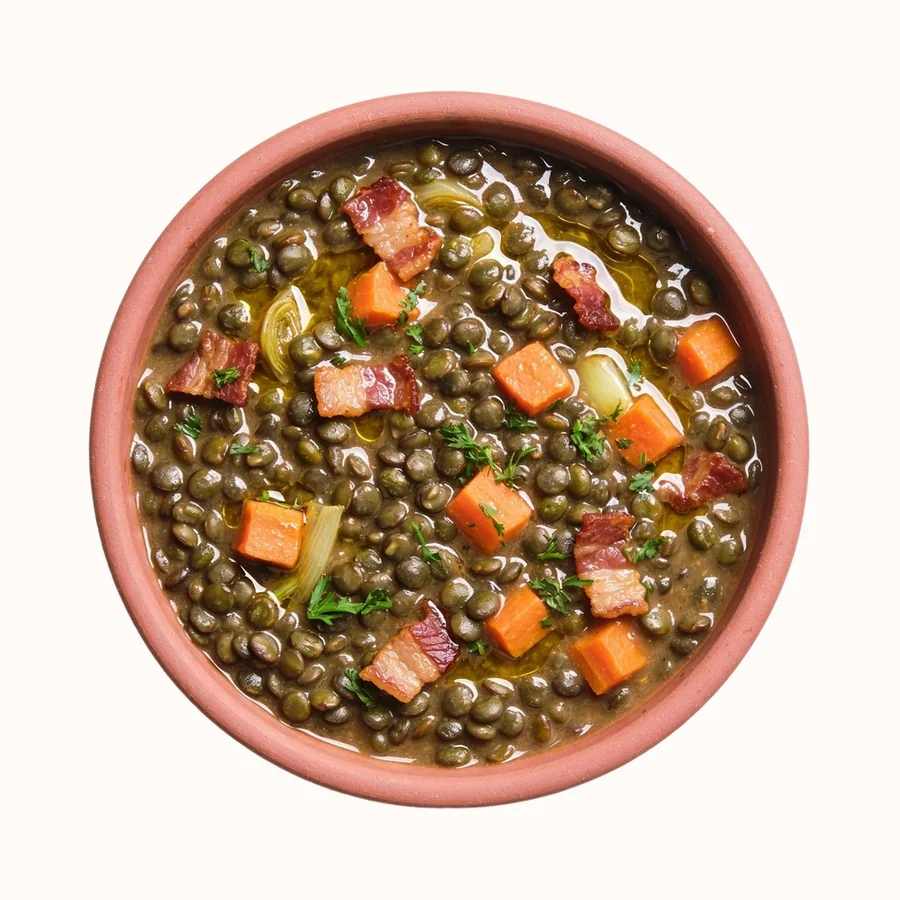 Lentils du Puy, plated, photographed from above.