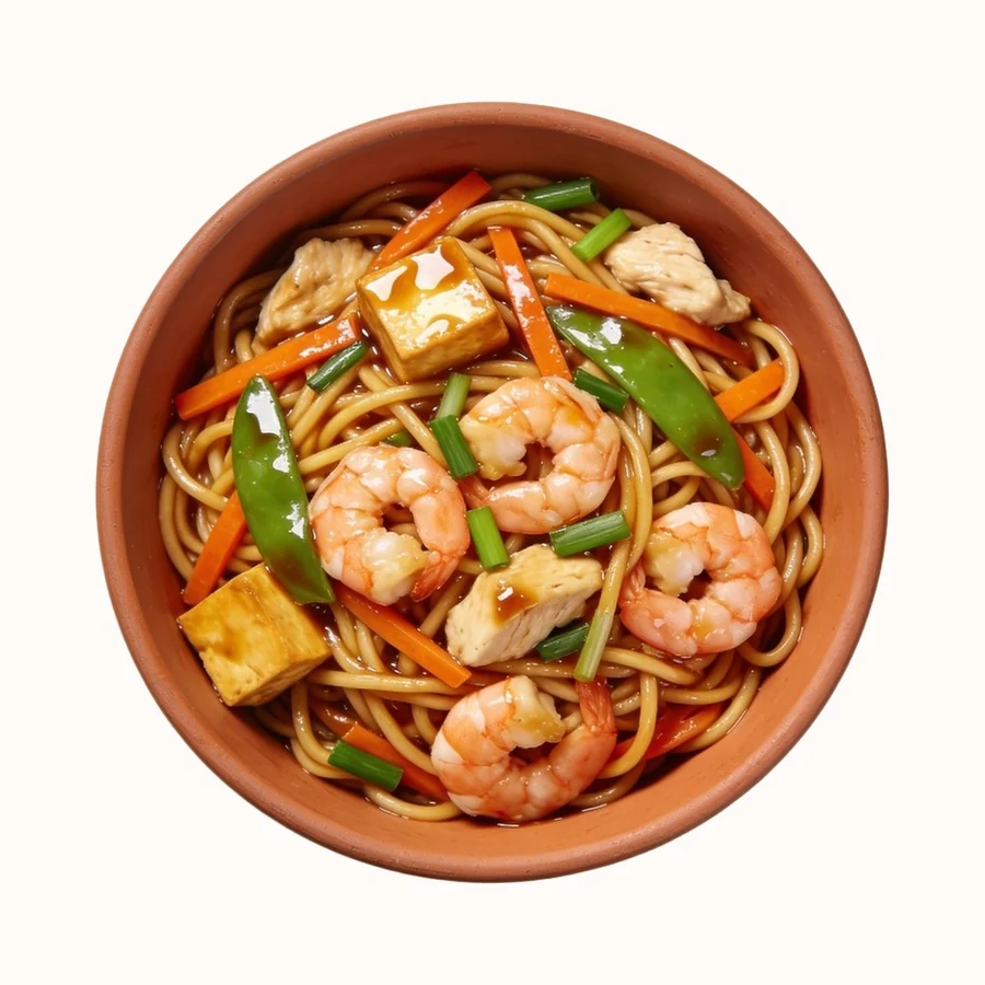 Lo Mein with Vegetables, plated, photographed from above.